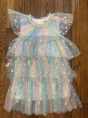 Lola + The Boys Pastel Blue Pink Gold Star Tulle Tiered Dress